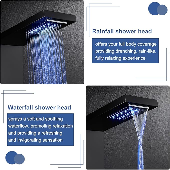 ROVATE LED Shower Panel Tower System - Rainfall Waterfall Shower, Round Body Jets, Handheld and Tub Spout, Digital Temp-Display, LED Knob, No Battery Needed 5-in-1 Stainless Steel Shower Column Black