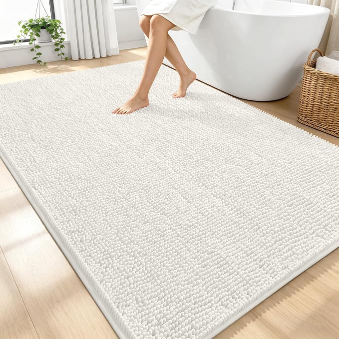 OLANLY Large Bathroom Rugs 70x46, Extra Soft Absorbent Chenille Bath Rugs | Ivory, Quick-Drying Rubber Backing, Machine Washable Bath Mat for Bathroom Floor, Tub and Shower, Home Decor Accessories