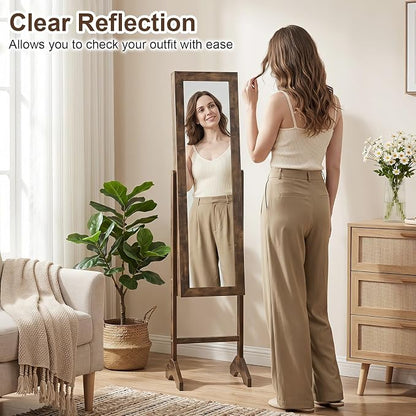 Giantex Jewelry Armoire with Full Length Mirror, Freestanding Jewelry Organizer Cabinet with Ring Slots, Earring Holders, Necklace Hooks & Storage Shelves for Bedroom (Rustic Brown)