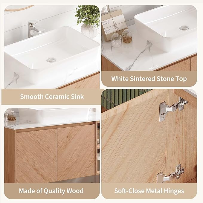36 Inch Floating Vanity Bathroom with Single Sink, Wall-Mounted Floating Bathroom Cabinet with Sintered Stone Countertop & White Ceramic Basin, Ample Storage and Open Shelves, Light Wood