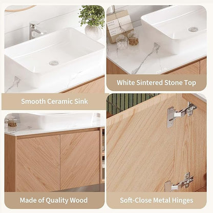 36 Inch Floating Vanity Bathroom with Single Sink, Wall-Mounted Floating Bathroom Cabinet with Sintered Stone Countertop & White Ceramic Basin, Ample Storage and Open Shelves, Light Wood