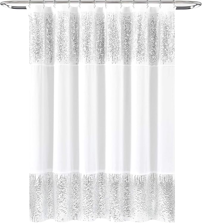 Lush Decor Shimmer Sequins Shower Curtain Single 70" W x 72" L Silver - Sequin Shower Curtains for Bathroom - Modern Glam Bathroom Curtains