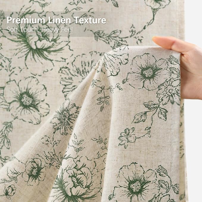 Farmhouse Floral Linen Shower Curtain, Vintage Green Pattern Rustic Shower Curtains for Bathroom, 72x90 Extra Long