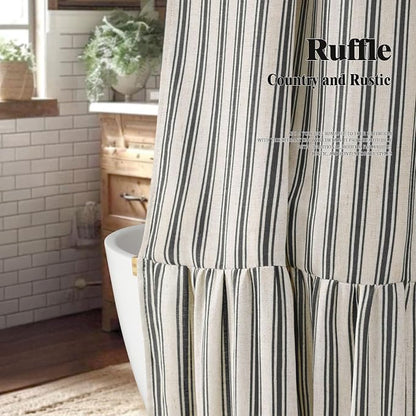 Farmhouse Shower Curtain Ruffle Linen Cream-Black Stripe 72"W x 72"L | Farmhouse Boho, Striped, Bottom Ruffle, Linen Fabric, Rustic, Country, Natural Look, Washable, for Bathroom Bathtub