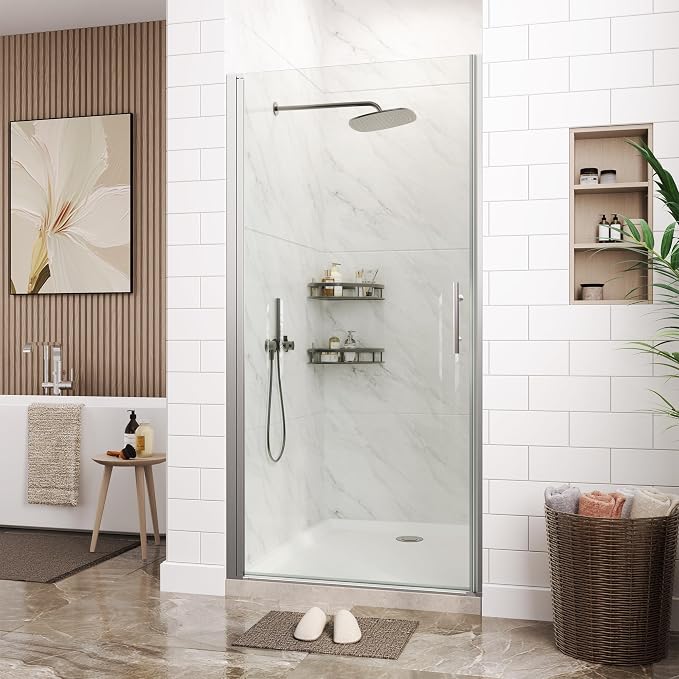 33.6-34.6" W x 72" H Frameless Pivot Shower Door, 1/4" (6mm) Tempered Glass with Explosion-Proof Film & Easy-Clean Coating, Brushed Nickel Single Swing Bathroom Door