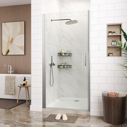 33.6-34.6" W x 72" H Frameless Pivot Shower Door, 1/4" (6mm) Tempered Glass with Explosion-Proof Film & Easy-Clean Coating, Brushed Nickel Single Swing Bathroom Door