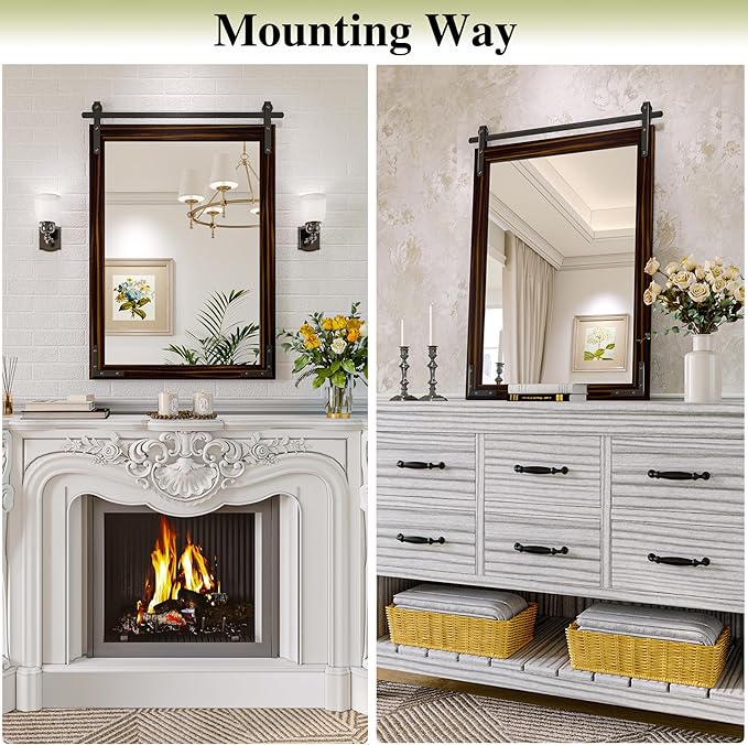 Farmhouse Bathroom Mirror, 24x36 Inch Black Brown Vanity Mirror for Wall, Wood Framed Rustic Mirror Rectangular Wall Decor Mirrors for Entryway Living Room Bedroom