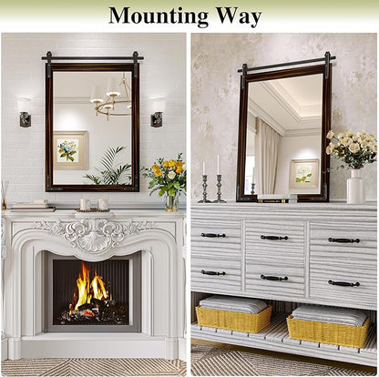 Farmhouse Bathroom Mirror, 24x36 Inch Black Brown Vanity Mirror for Wall, Wood Framed Rustic Mirror Rectangular Wall Decor Mirrors for Entryway Living Room Bedroom
