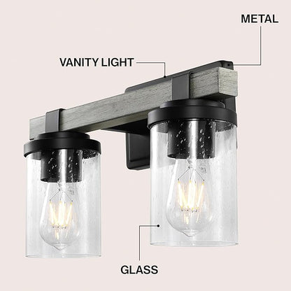 JONATHAN Y 15" Black/Gray Oak Wood Finish LED Vanity Light, Rustic Farmhouse Sconce, Clear Seeded Glass Shade, Industrial Wall Lamp for Bathroom Mirror, Kitchen Sink, LED Bulb (JYL7508B)