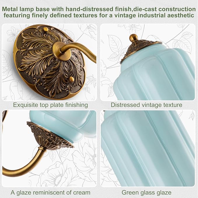 Vintage Gold Milk Glass Wall Sconce, Wall Light Set of Two - Vintage Mint Blue Shade & Brass Finish Base, Indoor Hardwired Wall Lighting Fixture for Foyers, Bedroom, etc (Bulbs Included)- Milk Blue