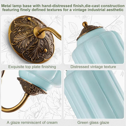 Vintage Gold Milk Glass Wall Sconce, Wall Light Set of Two - Vintage Mint Blue Shade & Brass Finish Base, Indoor Hardwired Wall Lighting Fixture for Foyers, Bedroom, etc (Bulbs Included)- Milk Blue