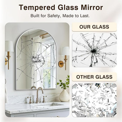 Arched Bathroom Vanity Mirror for Over Sink, 30”x20”, Silver | HD Tempered Glass, Anti-Rust Metal Frame, Hanging or Leaning, Wall Mirrors for Bathroom Sink, Bedroom, Living Room, Entryway