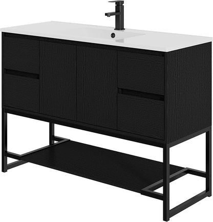 LUCKWIND 48" Modern Bathroom Vanity with Single White Sink Combo, Freestanding Storage Cabinet with Metal Frame, Matte Black Faucet and Open Shelf and 2 Soft-Closing Door, Black