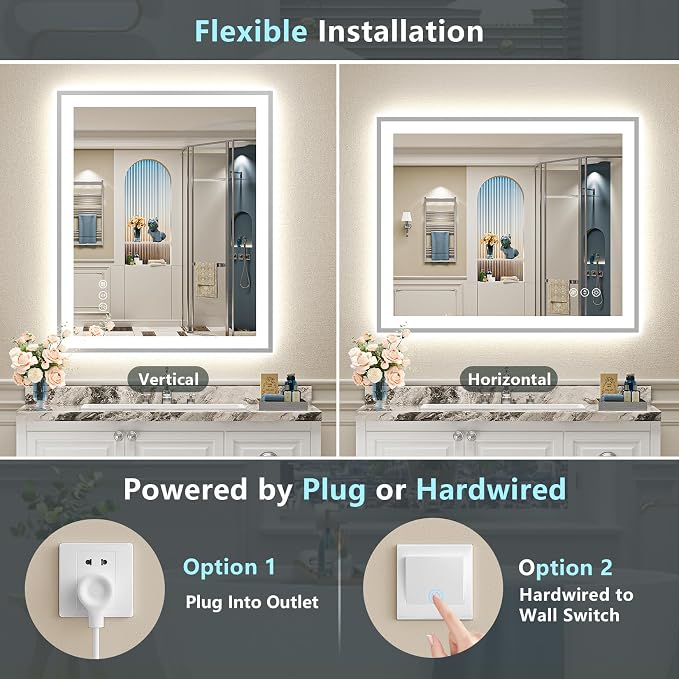 48x32 Inch Brushed Nickel LED Bathroom Mirror, Backlit & Front Lit | Silver Framed Anti-Fog Lighted Vanity Mirror with Lights, 3 Color Dimmable, Memory, HD Tempered Glass, CRI95, IP54, UL Listed