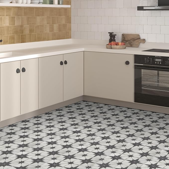 INNO STCIEKRS 16-Sheet Peel and Stick Floor and Wall Tile for Bathroom Kitchen, 9" x 9" Patterned Star SPC Self-Adhesive Vinyl Flooring Encaustic Groutable Backsplash Tile, Covers 9.12 Sq. Ft.