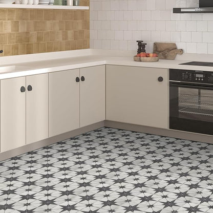 INNO STCIEKRS 16-Sheet Peel and Stick Floor and Wall Tile for Bathroom Kitchen, 9" x 9" Patterned Star SPC Self-Adhesive Vinyl Flooring Encaustic Groutable Backsplash Tile, Covers 9.12 Sq. Ft.