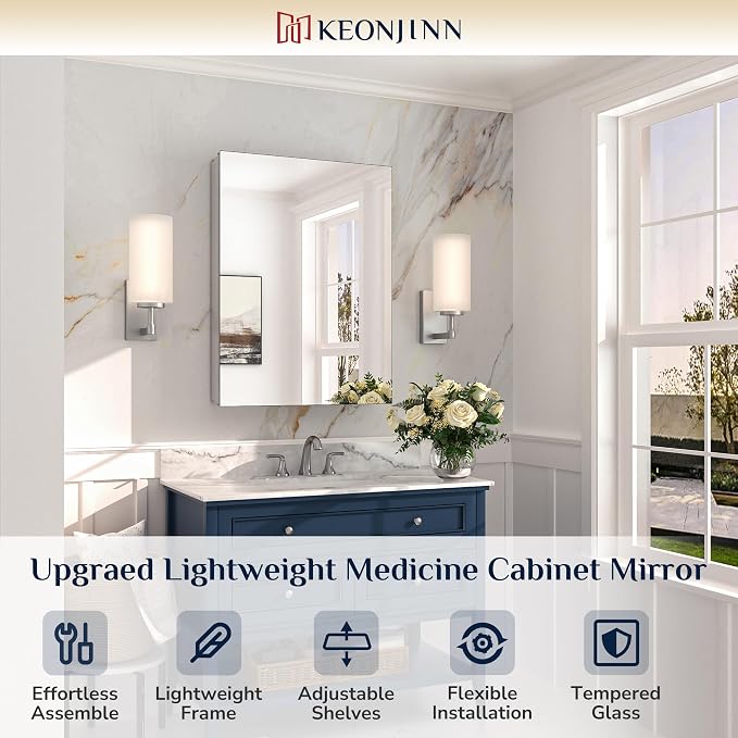 Keonjinn 24" x 32" Medicine Cabinet, Bathroom Mirror with Storage, Silver | Assembly Required, Lightweight Aluminum Frame, Safe Tempered Glass, Wall Mount or Recessed, Adjustable Shelves, DTC Hinges