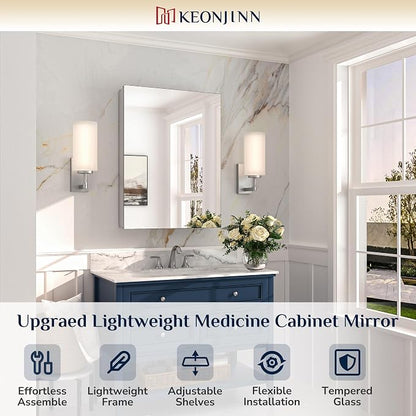 Keonjinn 24" x 32" Medicine Cabinet, Bathroom Mirror with Storage, Silver | Assembly Required, Lightweight Aluminum Frame, Safe Tempered Glass, Wall Mount or Recessed, Adjustable Shelves, DTC Hinges