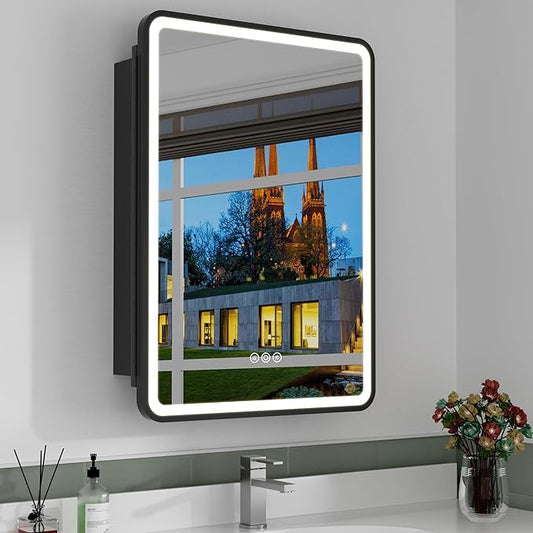 16x28 Inch Medicine Cabinet with Mirror, Recessed or Surface Mount Bathroom Medicine Cabinet with LED Lights, Anti-Fog, Memory Function, Adjustable Shelf, Dimmable Light, ETL Listed, Black,Right Hinge