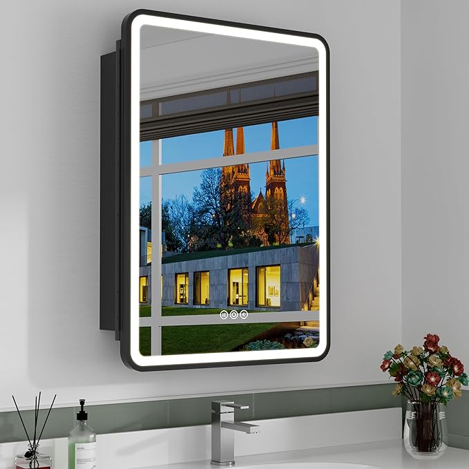 24x30 Inch Medicine Cabinet with Mirror, Recessed or Surface Mount Bathroom Medicine Cabinet with LED Lights, Anti-Fog, Memory Function, Adjustable Shelf, Dimmable Light, ETL Listed, Black,Right Hinge