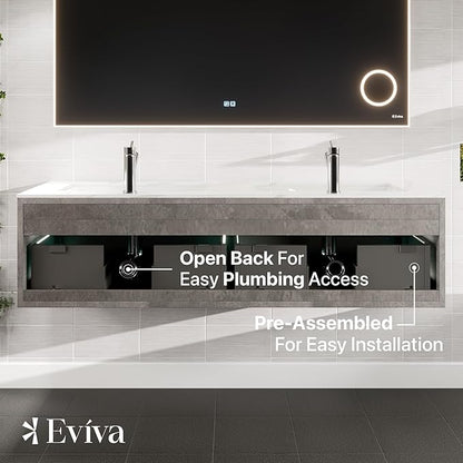 Eviva Aurora 60 in. Concrete Gray Wall Mount Double Sink Bath Vanity with Carrara Quartz Top