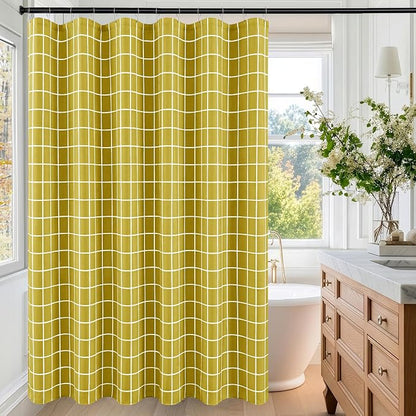 Fabric Farmhouse Shower Curtain-Extra Long Shower Curtains Bathroom Gold | 72"Wx84"L Faux Linen Grid Minimalist Simple Rustic Neutral Shower Curtain Decor-Cloth Geometric Plaid Washable Hotel Quality