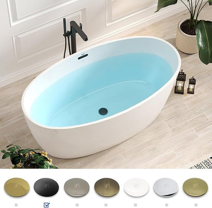 FerdY Tahiti 59" Acrylic Freestanding Bathtub, Elegant Oval Shape Soaking Bathtub, Glossy White, Matte Black Drain & Matte Black Overflow Assembly Included cUPC Certified