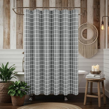 Fabric Farmhouse Shower Curtain-Modern Bathroom Shower Curtains Dark Grey | 70"Wx72"L Faux Linen Grid Minimalist Simple Rustic Neutral Guest Bathroom Decor-Cloth Geometric Plaid Washable Hotel Quality