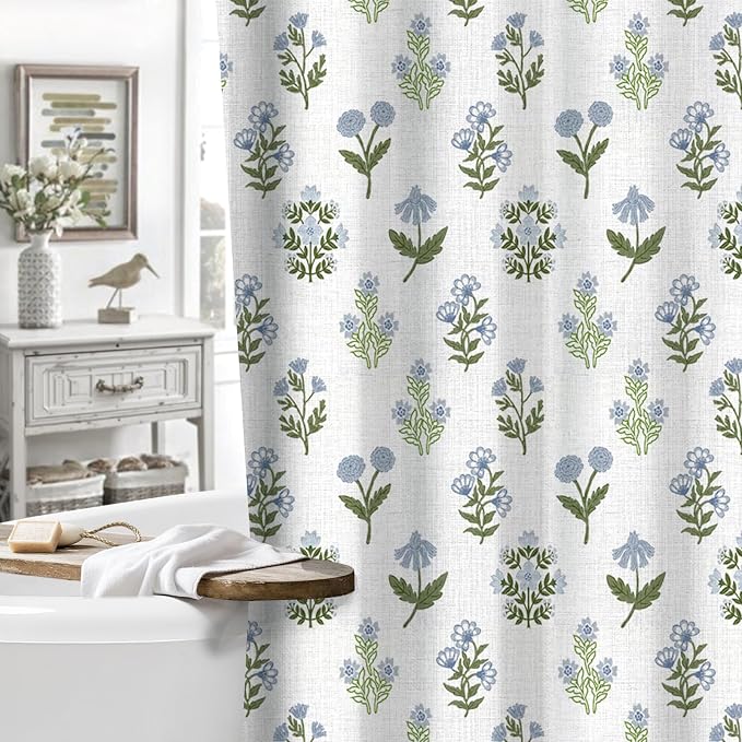 MUGINYU Abstract Vintage Floral Cotton Shower Curtain - Floral Block Print Pattern in Blue and Green,Botanical Boho Shower Curtain Set for Rustic Farmhouse Frenchy Bathroom Decor 72x72 Inch