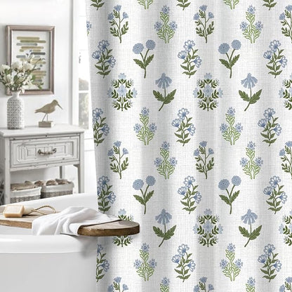 MUGINYU Abstract Vintage Floral Cotton Shower Curtain - Floral Block Print Pattern in Blue and Green,Botanical Boho Shower Curtain Set for Rustic Farmhouse Frenchy Bathroom Decor 72x72 Inch