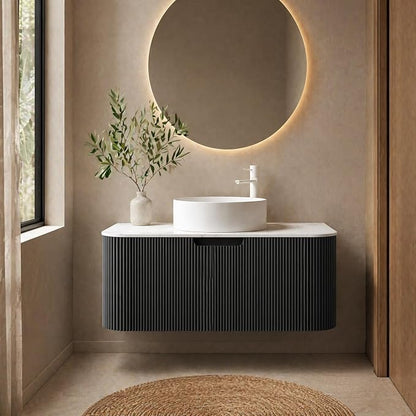 36 Inch Bathroom Vanity with Sink, Floating Wall Mounted Single Sink Vanity, Black Curved Fluted Front, Stone Top, Pure White Round Vessel Basin, Pre-Assembled