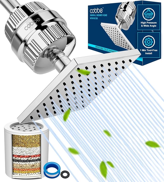 Cobbe High Pressure Filtered Shower Head with Filters for Hard Water Combo | Rain Showerheads with 20 Stage Water Softener for Healthier Skin & Hair Remove Chlorine and Harmful Substances, Chrome