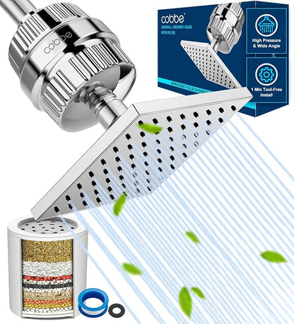 Cobbe High Pressure Filtered Shower Head with Filters for Hard Water Combo | Rain Showerheads with 20 Stage Water Softener for Healthier Skin & Hair Remove Chlorine and Harmful Substances, Chrome
