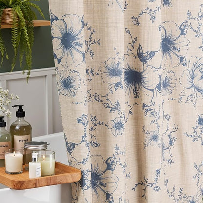 Vintage Blue Floral Shower Curtain with 12 Clear Rings - 72" W x 84" L | Farmhouse Fabric Faux Linen Shower Curtain Set, French Country Cottagecore Style Shower Curtain for Bathroom