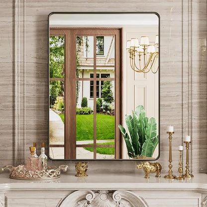 Black Bathroom Mirror Wall Mounted Vanity Mirror with Rounded Corner Metal Framed, Tempered Glass, Anti-Rust(Horizontal/Vertical), 22 x 30 Inch