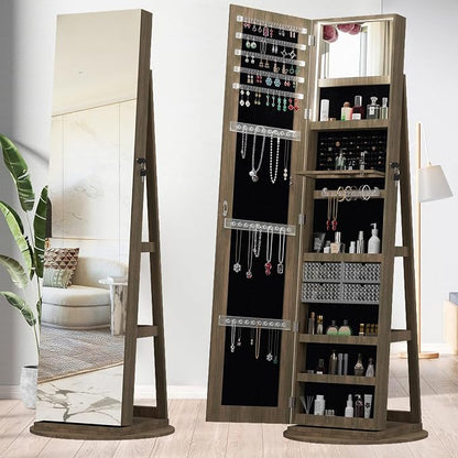 Jewelry Armoire with Full Length Mirror - 360° Swivel Standing Floor Mirror Jewelry Cabinet, Lockable Storage Organizer , 3 Shelves & Drawers,Tall Mirror with Storage for Women (Antique brown)