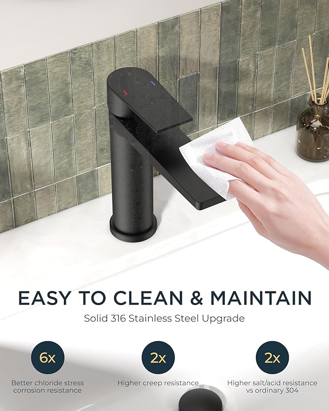 FORIOUS Black Bathroom Faucet 1 Hole, Single Lever Bathroom Sink Faucet Single Hole with Pop-up Drain and Supply Line, Rv Vanity Tap 1 or 3 Hole with Deck Plate for Lavatory Sink Remodel