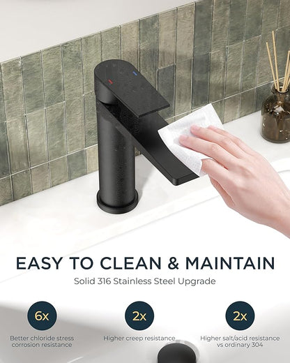 FORIOUS Black Bathroom Faucet 1 Hole, Single Lever Bathroom Sink Faucet Single Hole with Pop-up Drain and Supply Line, Rv Vanity Tap 1 or 3 Hole with Deck Plate for Lavatory Sink Remodel