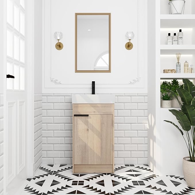 18'' Freestanding Bathroom Vanity with Sink, 18 Inch Floor Mount Single Sink Bathroom Vanities Set, Modern Bathroom Cabinet, with Soft Closing Door, Imitative Oak