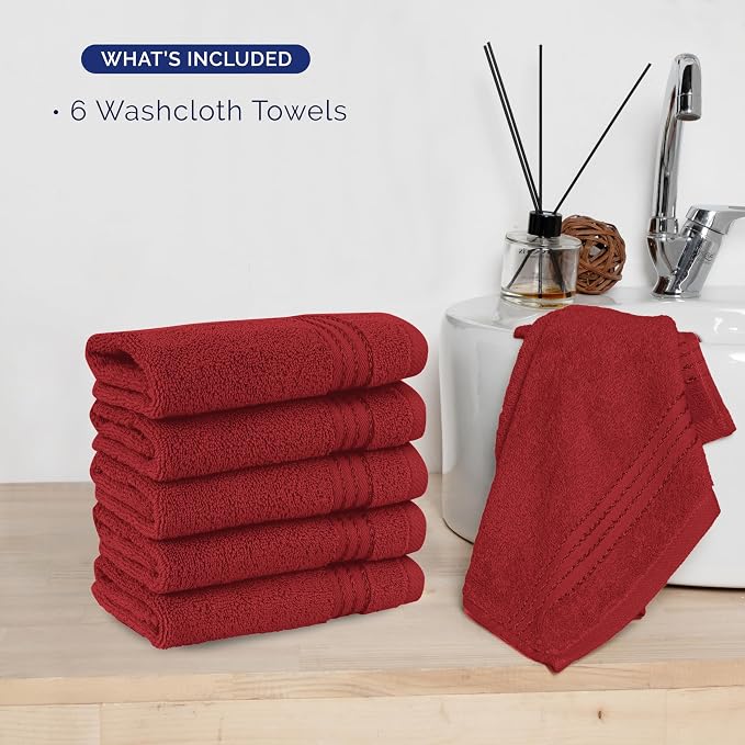 Elegant Comfort Premium Turkish Cotton 6 Pack Washcloths Set - 13 x 13 inch, Luxurious Hotel Spa Quality 100% Turkish Cotton 6PC Washcloth Set - Highly Absorbent - Soft Bathroom Towels, Burgundy