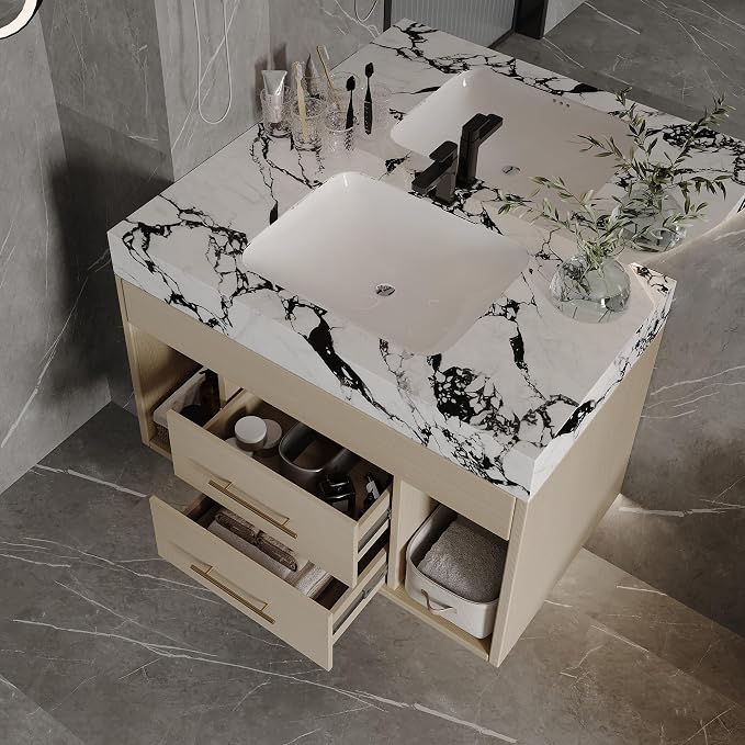 KEIKI 29.9" Bathroom Vanity with Undermount Sink Combo, Modern Floating Vanity Cabinet with 2 Drawers & Open Side Shelves, Storage Wall Mounted Cabinet for Small Space, Apricot‌ Marbe