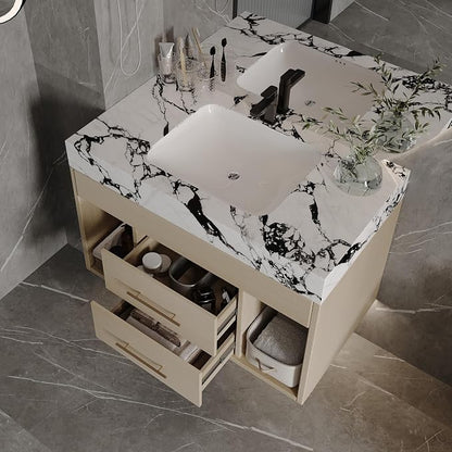 KEIKI 29.9" Bathroom Vanity with Undermount Sink Combo, Modern Floating Vanity Cabinet with 2 Drawers & Open Side Shelves, Storage Wall Mounted Cabinet for Small Space, Apricot‌ Marbe
