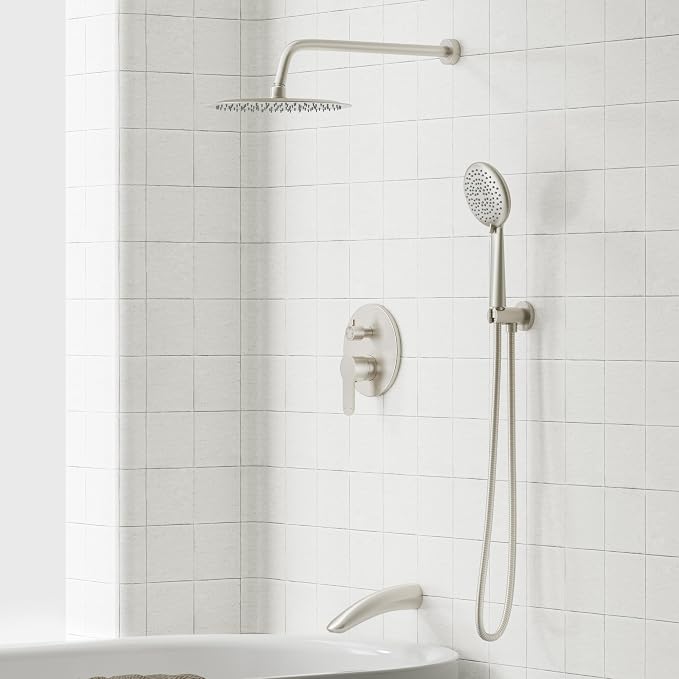 Gabrylly Bathtub Shower System, Shower Faucet Set with Tub Spout, High Pressure 10" Rain Shower head with Handheld Spray, Shower Fixtures with Pressure Balance Shower Valve, Brushed Nickel