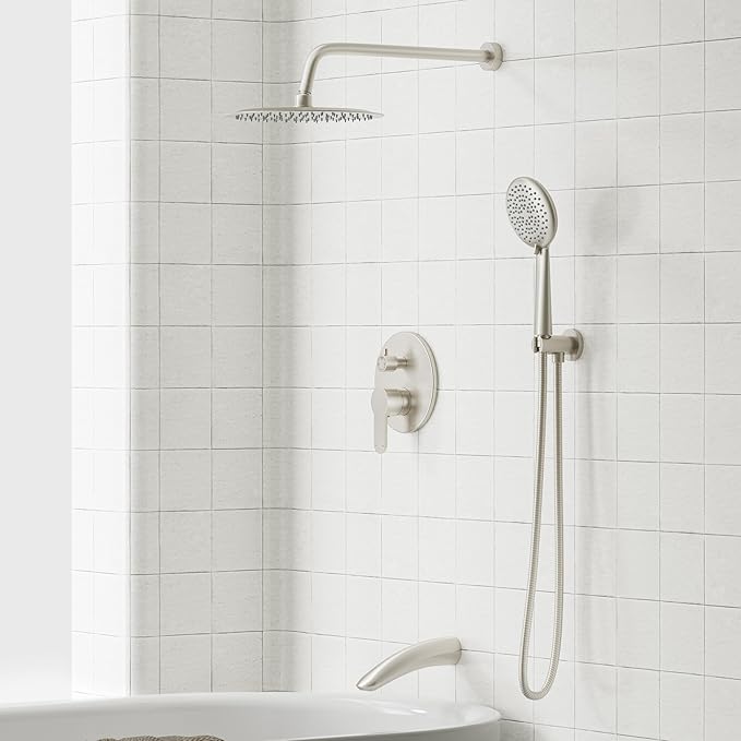 Gabrylly Shower System with Tub Spout, Bathtub Shower Faucet Set with High Pressure 12" Rain head and Handheld Spray, 3-Way Pressure Balance Valve Kit, Brushed Nickel
