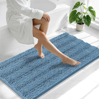 Smiry Thick Chenille Bathroom Runner Rugs 47x24, Soft Bath Mat, Airy Blue | Quick‑Dry & Machine Washable, Non‑Slip Bath Carpet, Striped Bath Rugs for Tub & Shower, Modern Home Decor Accessories