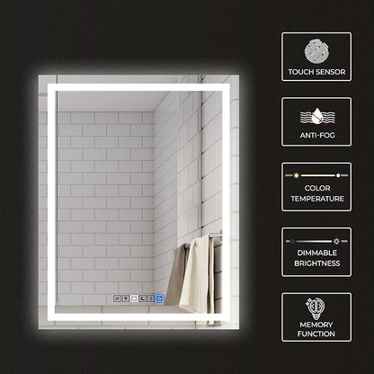 30x40 Inch Rectangular LED Bathroom Mirror with Lights Front and Backlit, 3 Color Modes, Touch Dimmer, Anti-Fog - Wall Mounted Vanity Mirror for Bathroom, Bedroom - Fab Glass and Mirror