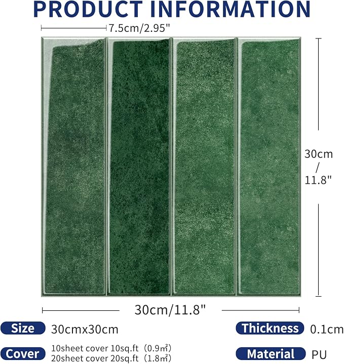 MORCART 2026 New Peel and Stick Backsplash, 20PCS 11.8"x11.8", Forest Green | 3D Adhesive Waterproof Wall Tiles for Kitchen, Bathroom, Living Room, Laundry Room, Subway Tiles