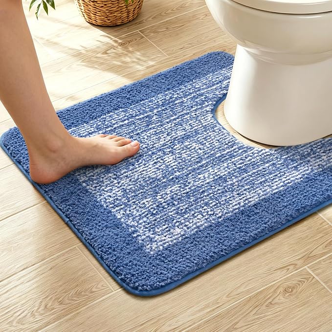 Toilet Rugs U-Shaped 24x19, Non-Slip Plush Shaggy Quick Dry Bathroom Contour Rugs, Extra Soft Absorbent Chenille Washable Bath Mat for Toilet Base, Blue