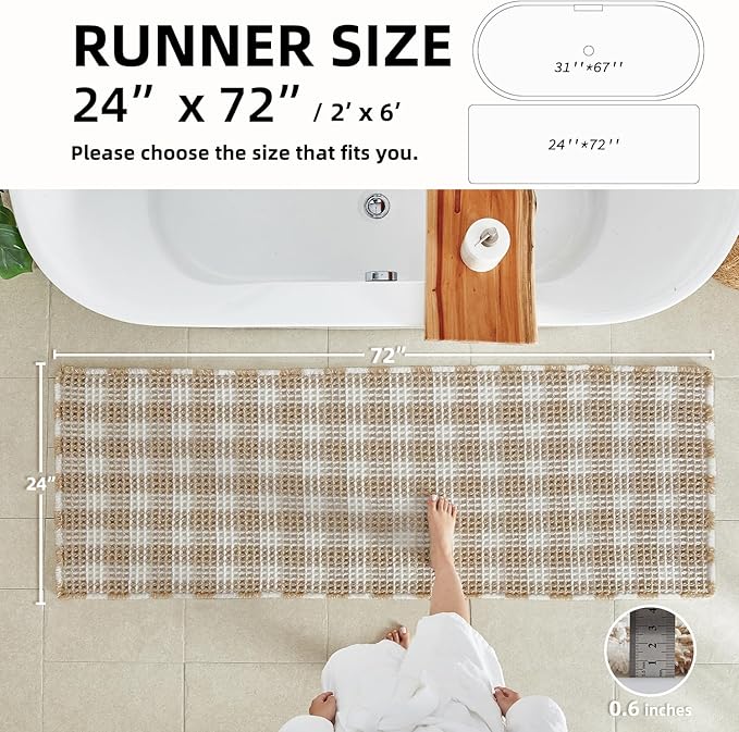 TYUU Waffle Runner Rug Bathroom, Long Boho Bath Mat, 72x24 Khaki & White | Super Absorbent Quick Dry Bath Rug, Non-Slip Backing, Soft Waffle Washable Farmhouse Bathroom Mats, Tub, Shower & Home Decor