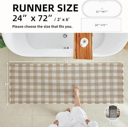 TYUU Waffle Runner Rug Bathroom, Long Boho Bath Mat, 72x24 Khaki & White | Super Absorbent Quick Dry Bath Rug, Non-Slip Backing, Soft Waffle Washable Farmhouse Bathroom Mats, Tub, Shower & Home Decor
